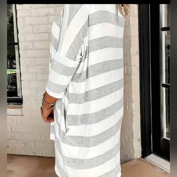 Grey and White Striped Boho Dress With Pockets - Picture 2 of 5